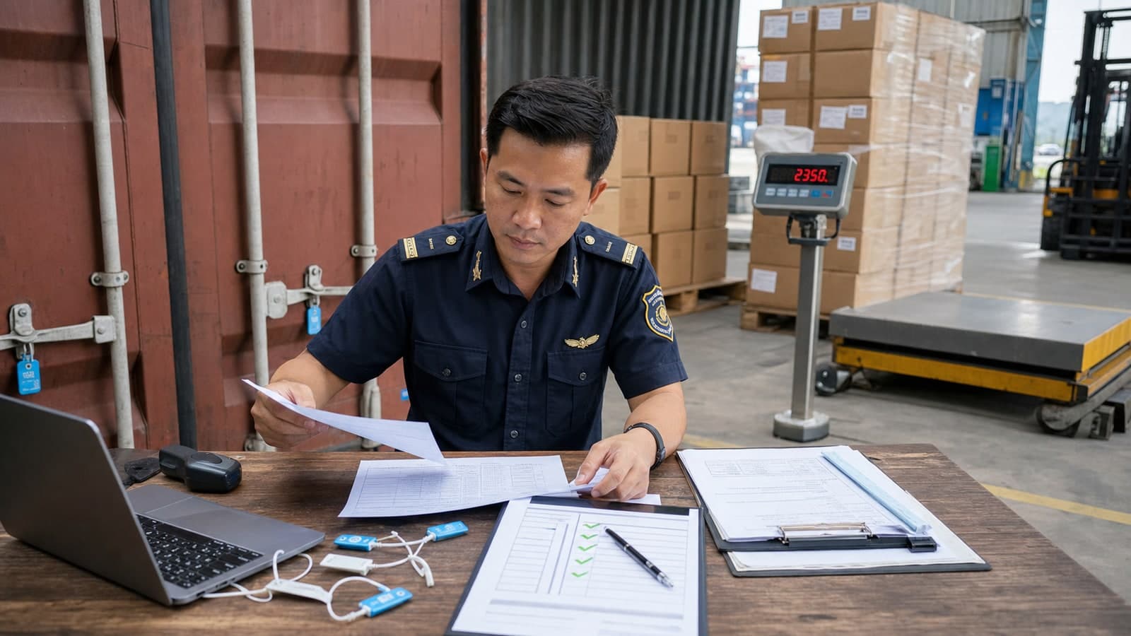 Logistics professional cross-checking export documents, container seals and cargo weight in Vietnam