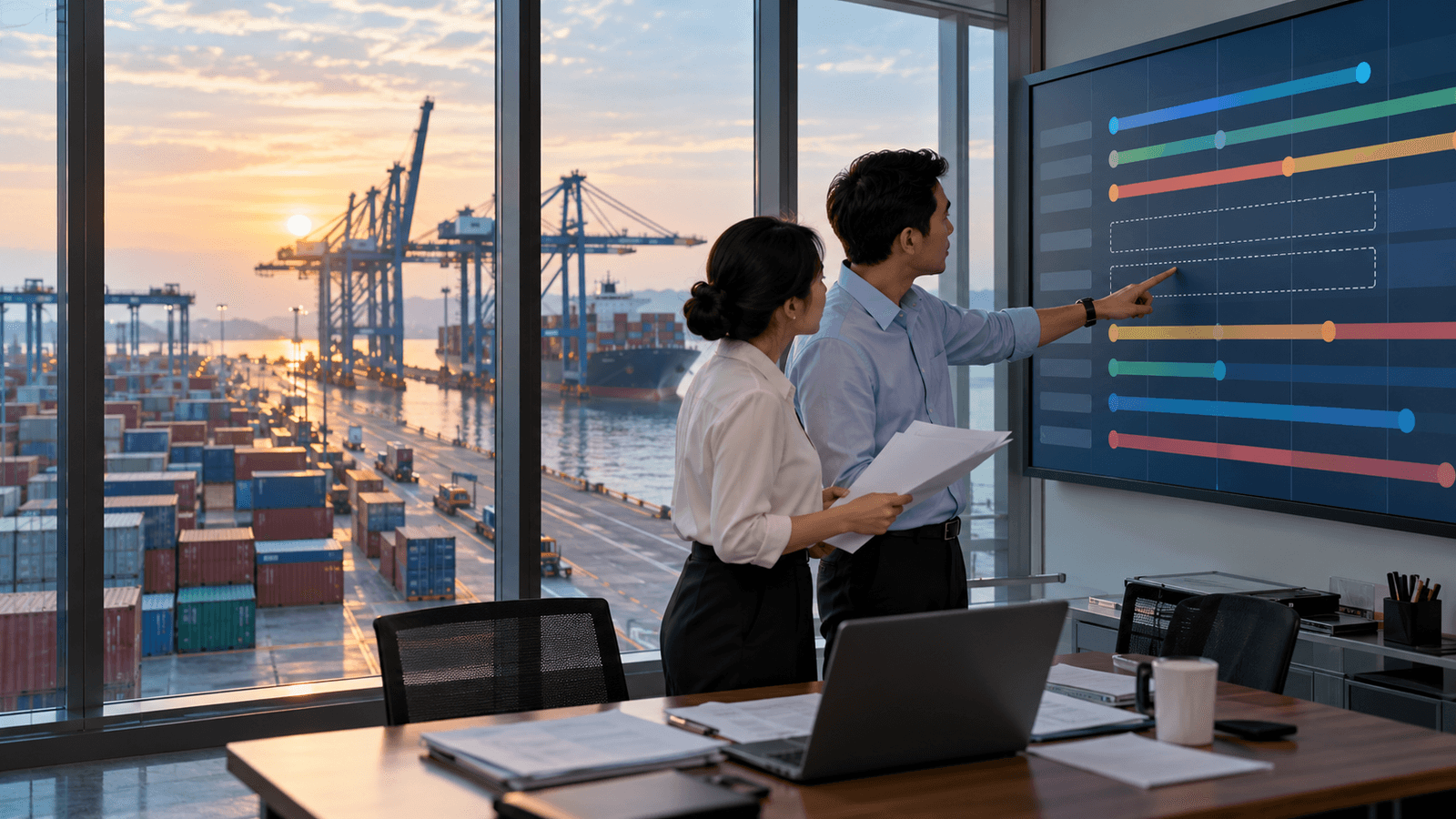 Vietnam freight coordinators reviewing an ocean schedule beside a container terminal