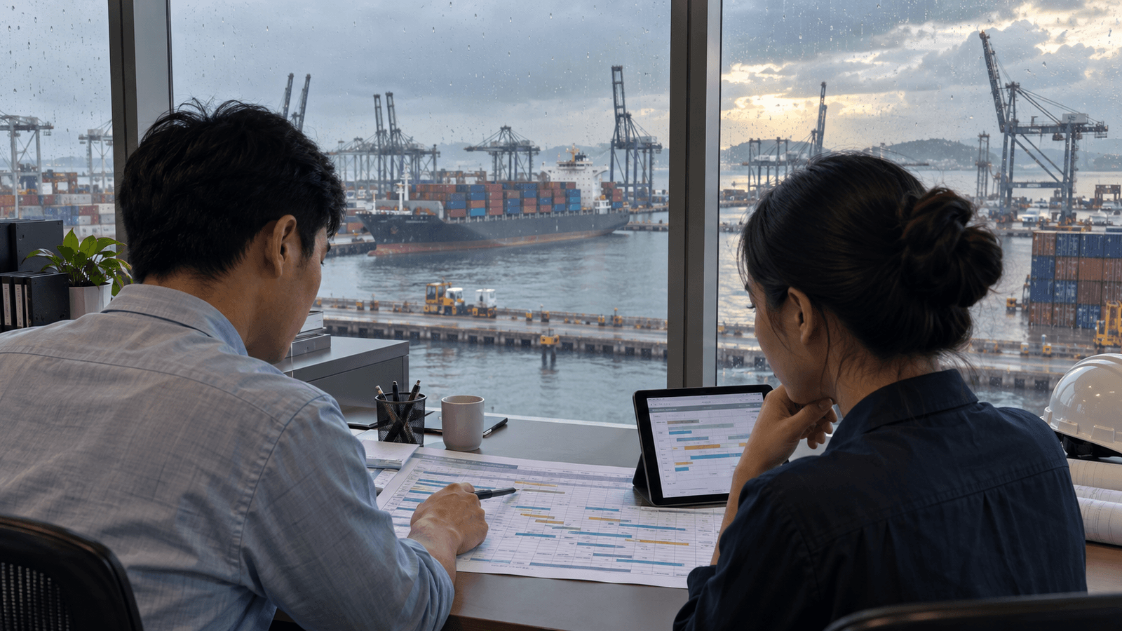 Addetti logistici vietnamiti controllano gli orari nave dopo la pioggia in un terminal container senza marchi
