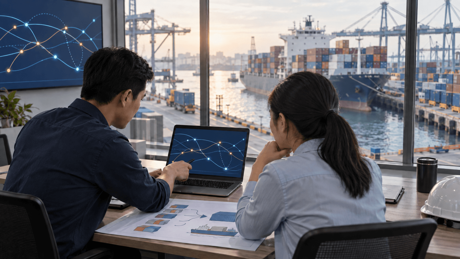 Nhân sự logistics kiểm tra báo giá LCL và tuyến tàu Á–Âu tại cảng container