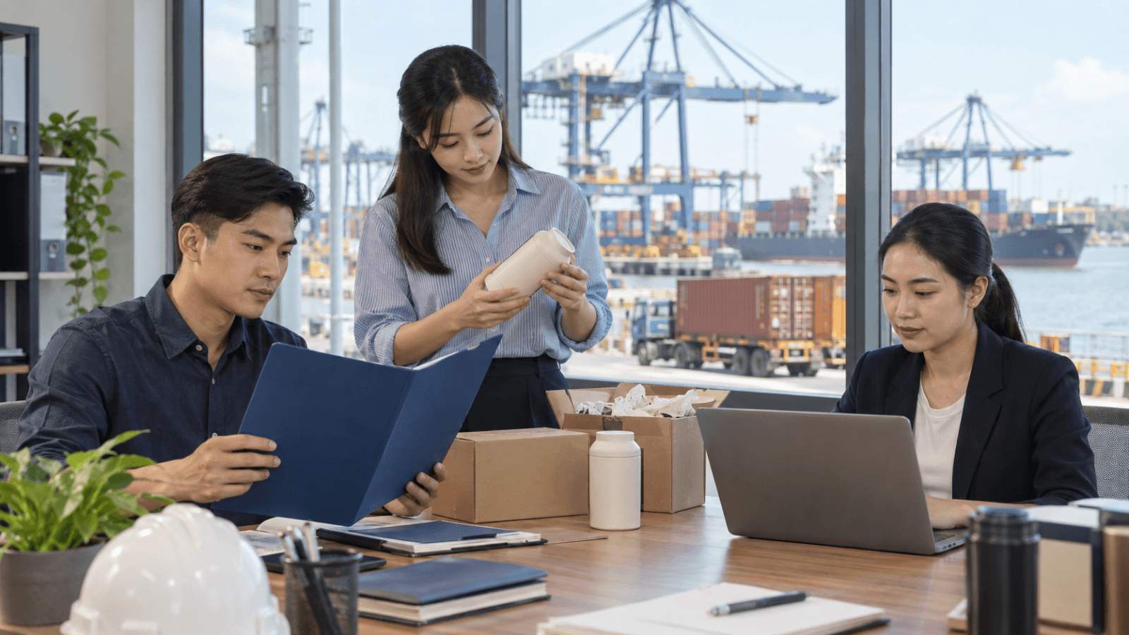A Vietnamese export team coordinating generic products, logistics data and commercial documents beside a container terminal