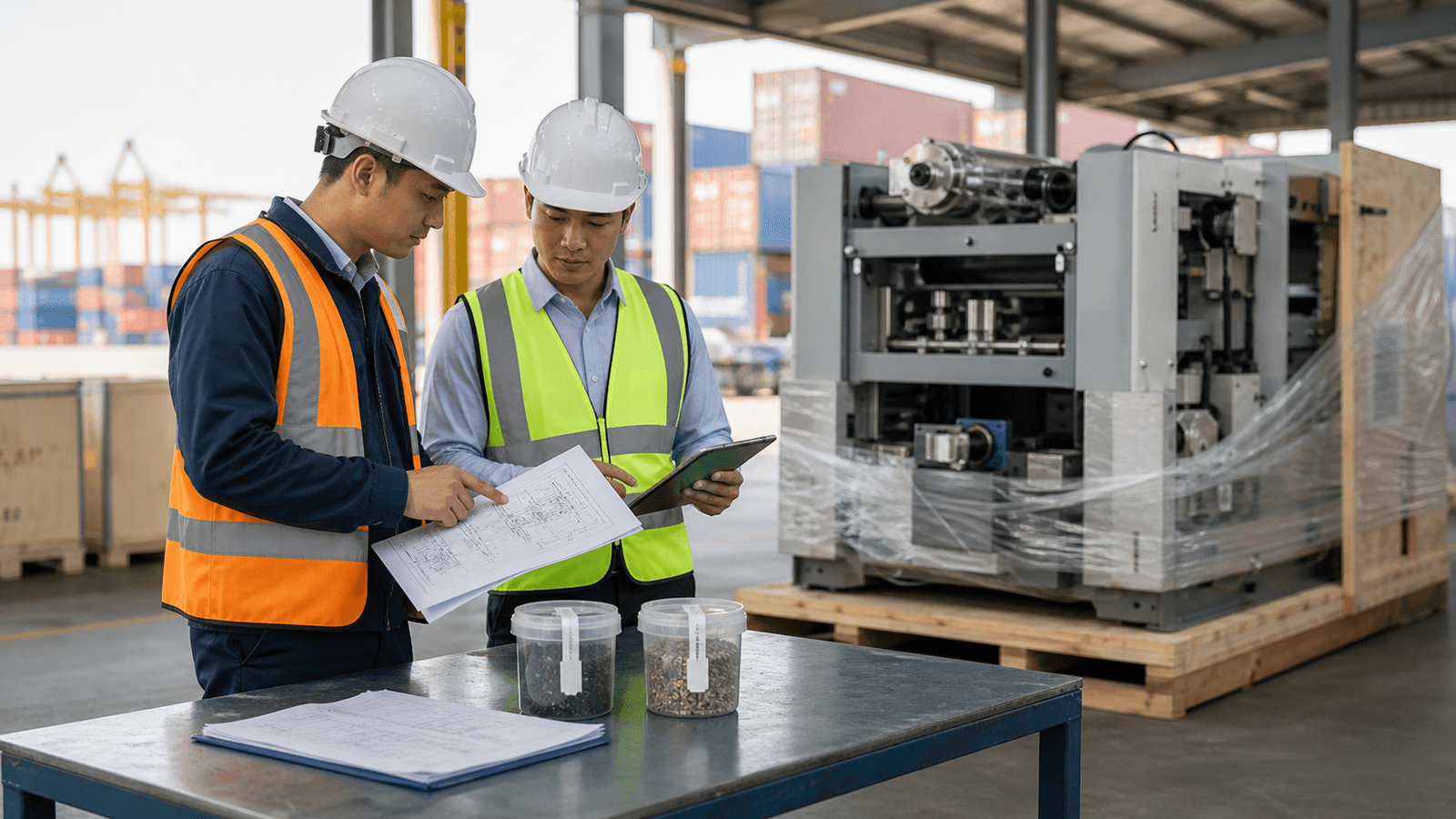 Chuyên viên hải quan Việt Nam rà soát thông số máy móc và mẫu hàng niêm phong cạnh thiết bị công nghiệp nhập khẩu
