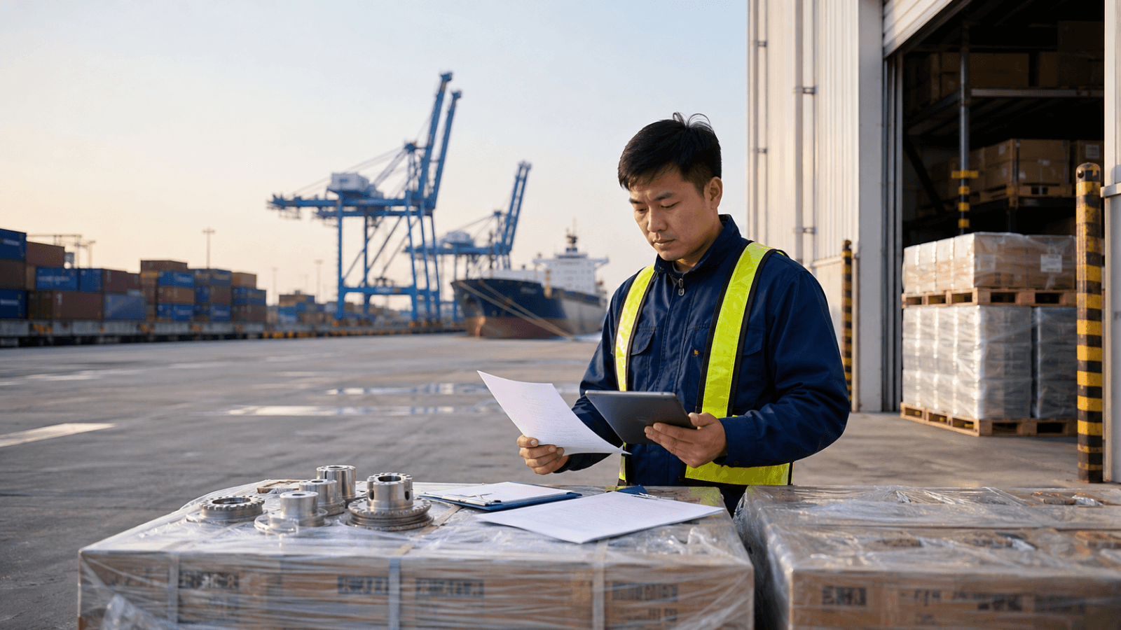 Koordinator logistik Vietnam memeriksa dokumen di samping komponen industri di terminal peti kemas