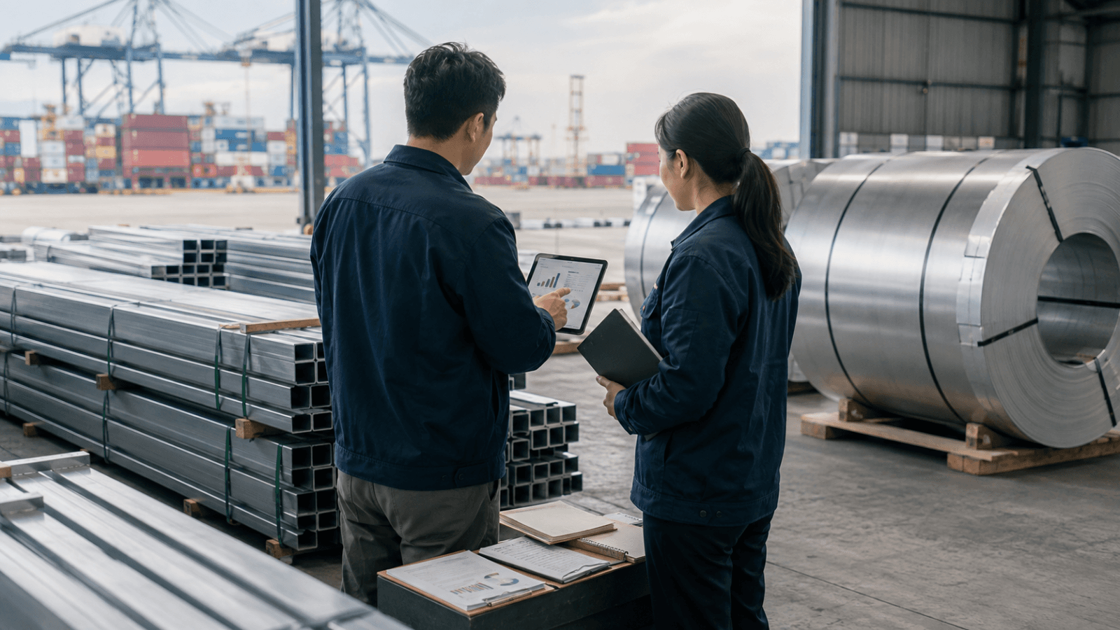 Dos especialistas logísticos revisan datos de emisiones junto a perfiles de acero y bobinas de aluminio preparados para exportación