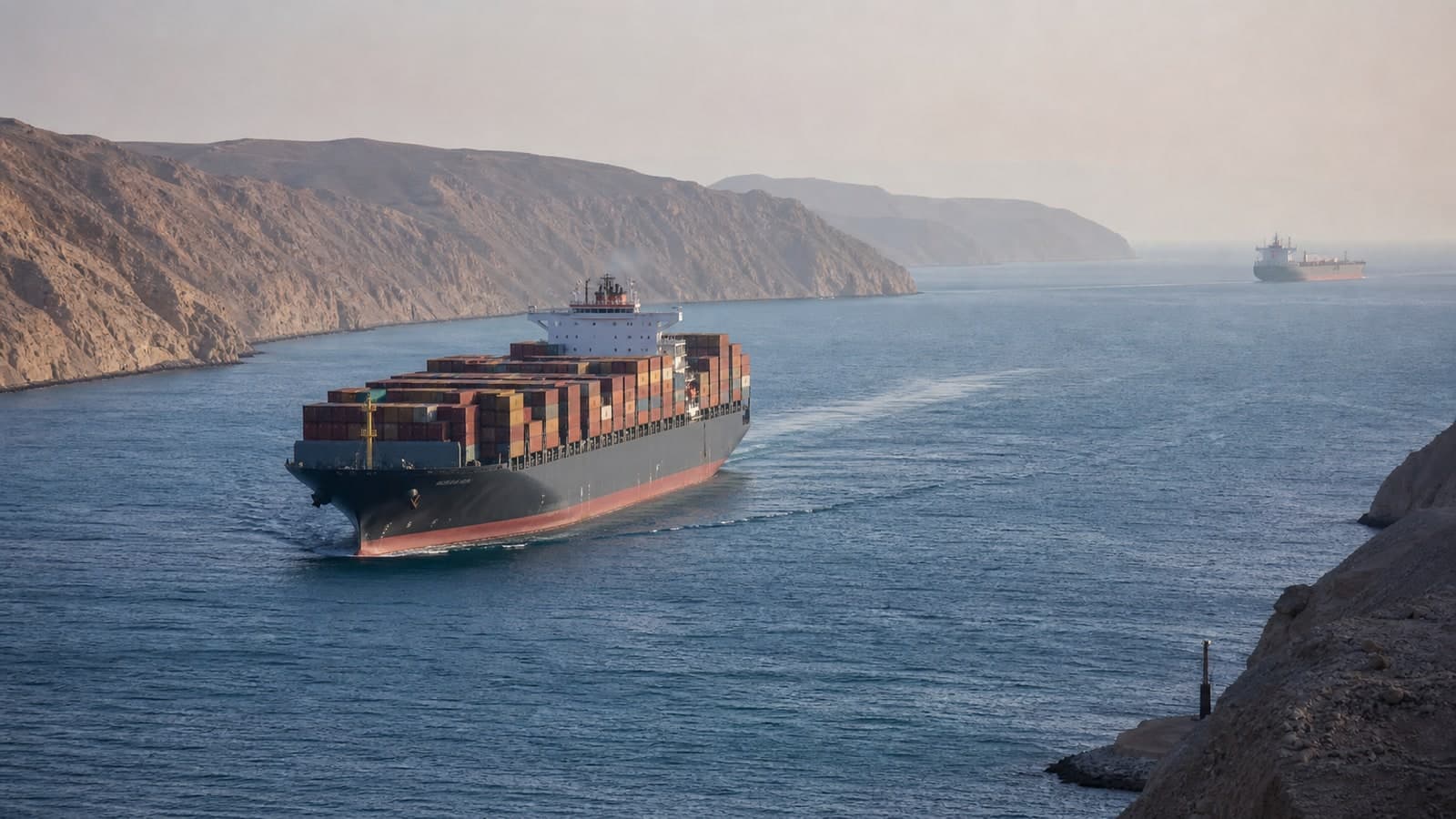 Tàu container đi qua eo biển hẹp giữa hai bờ biển khô cằn trong điều kiện hàng hải nhiều biến động