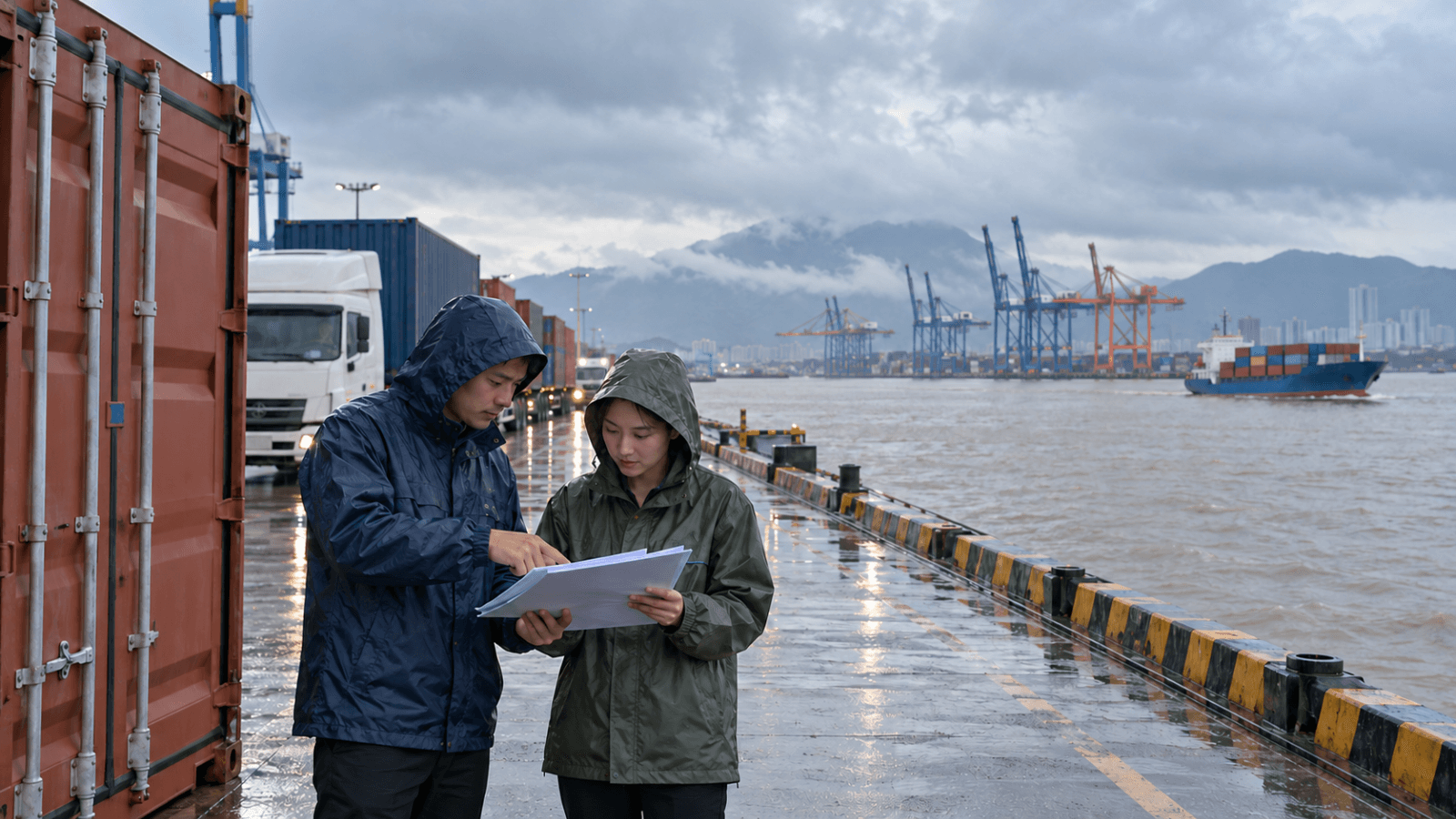 Freight planners checking blank shipment documents beside a wet Vietnam container terminal and coastal waterway