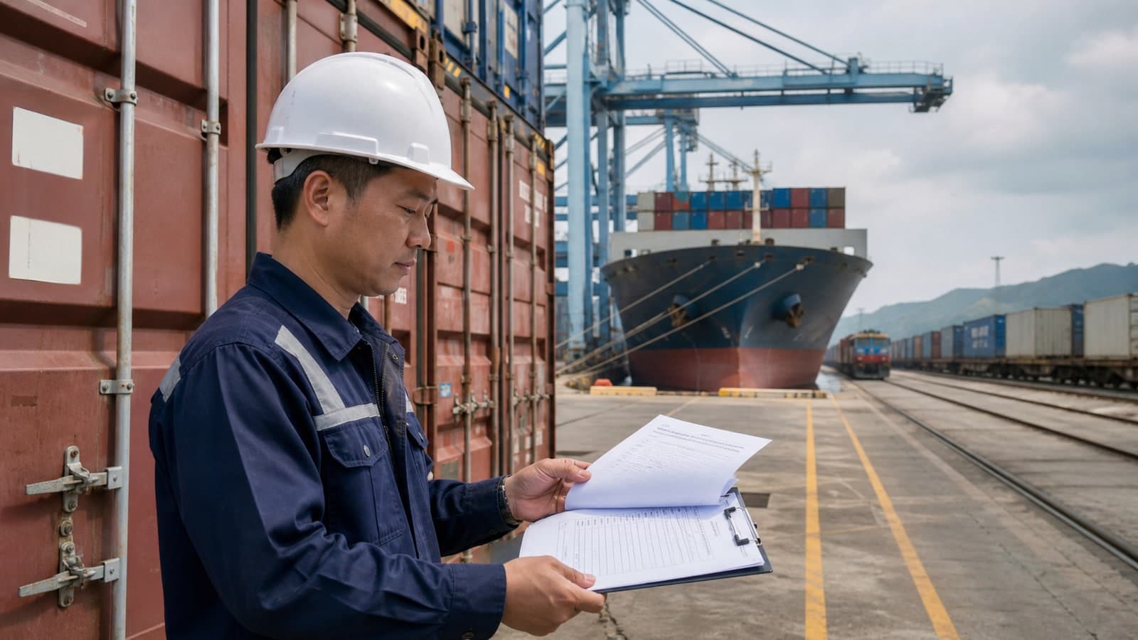 Logistics professional checking export documents beside containers, a cargo ship and rail freight at a Vietnamese port