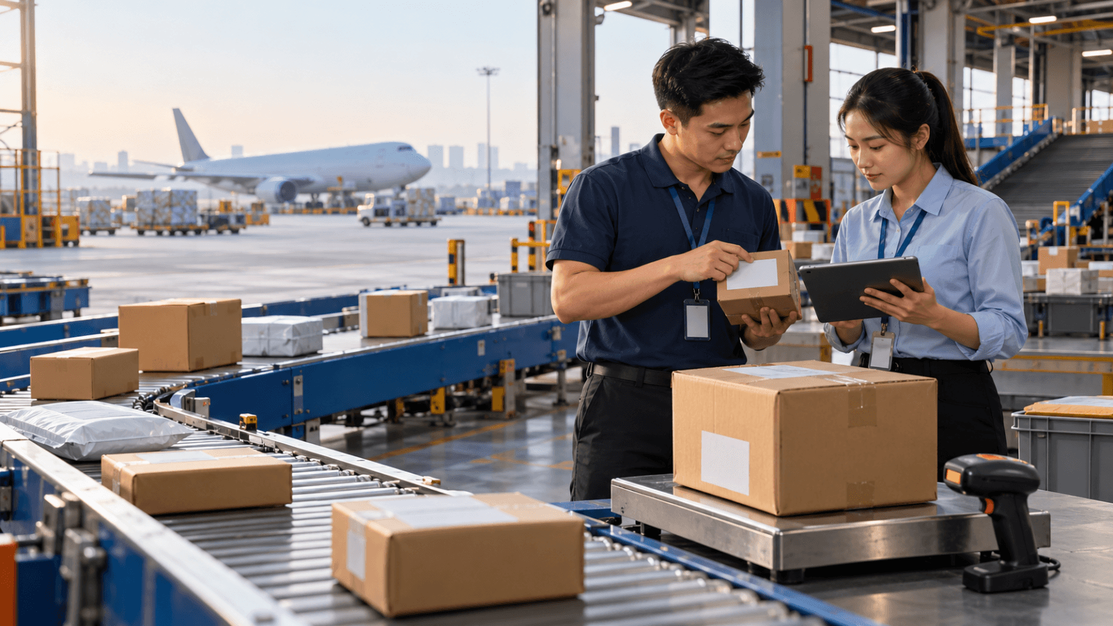 Express-parcel customs team checking blank shipment labels and electronic records at a Vietnam air-cargo facility