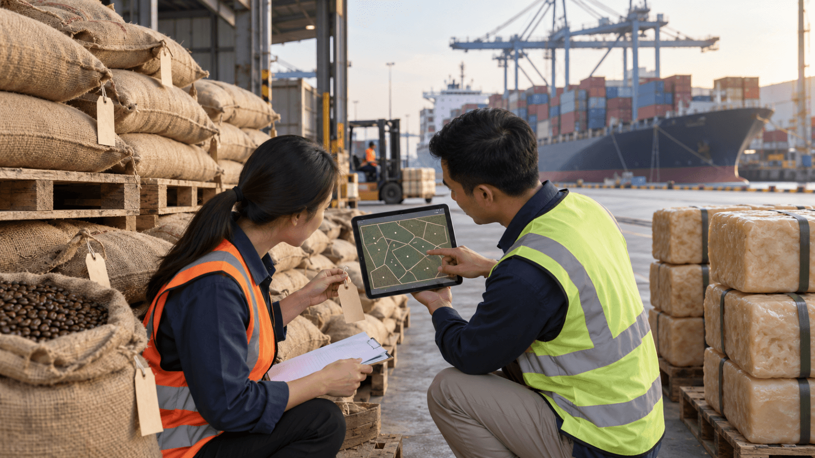 Coffee sacks and natural rubber bales being matched to neutral plot and shipment records before export