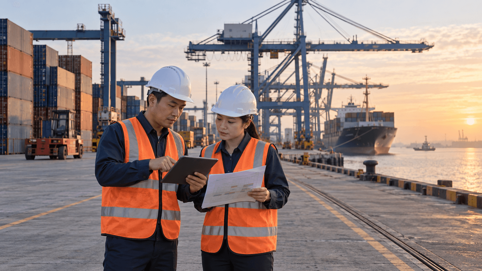 Nhân viên logistics Việt Nam rà soát sản lượng cảng bên cạnh một cảng container đang hoạt động