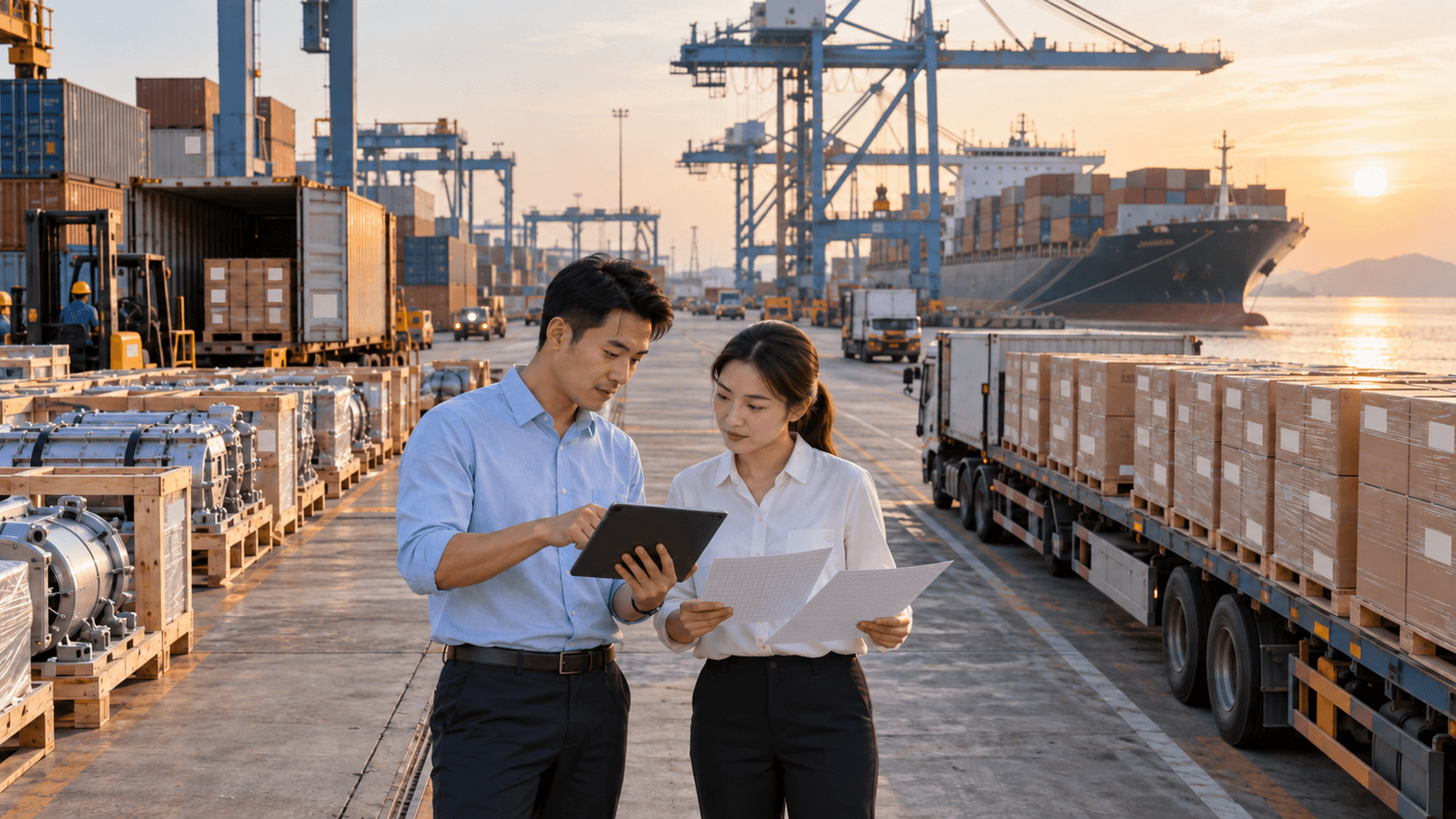 Nhân viên logistics Việt Nam đối chiếu linh kiện nhập khẩu và thành phẩm xuất khẩu tại cảng container