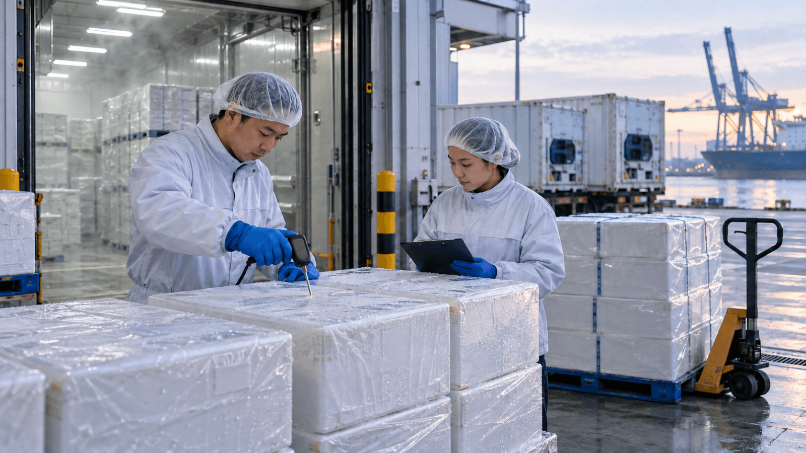 Vietnam seafood logistics team checking chilled aquaculture cargo in a modern cold store