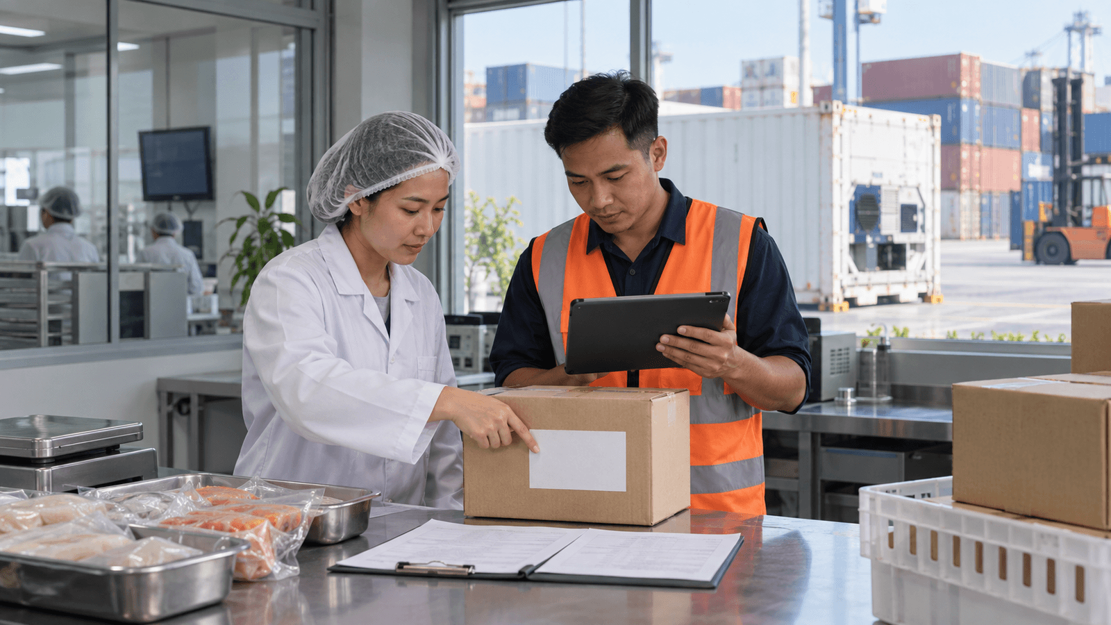 Food-quality and logistics professionals checking a plain export carton and shipment file before loading