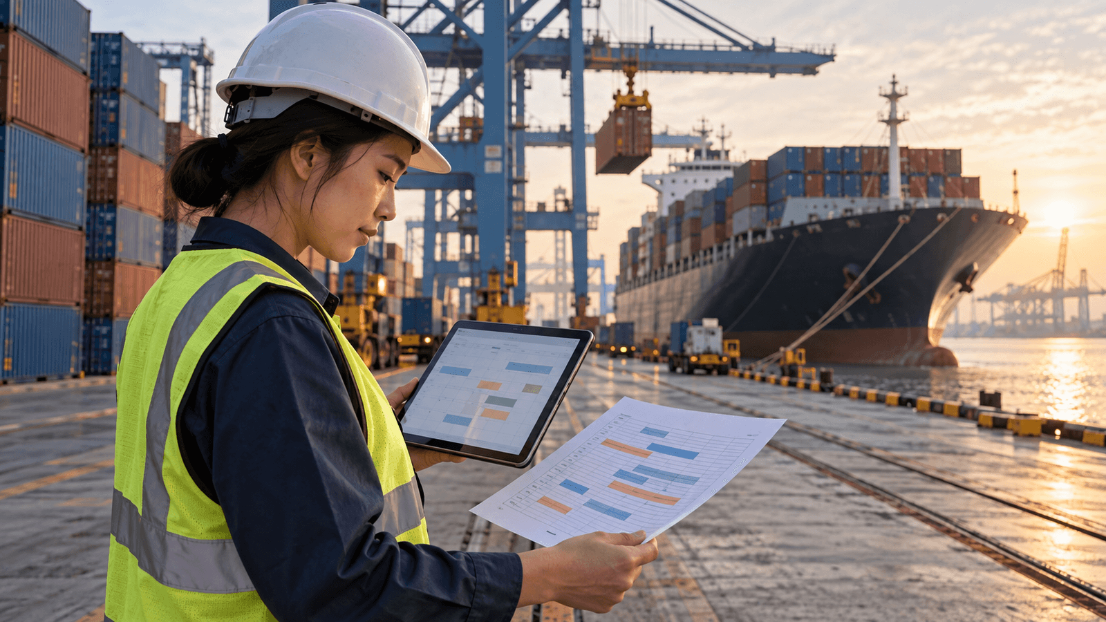Nhân viên xuất khẩu không có nhận diện thương hiệu đang rà soát lịch tàu cạnh các container niêm phong tại một cảng nước sâu ở Việt Nam