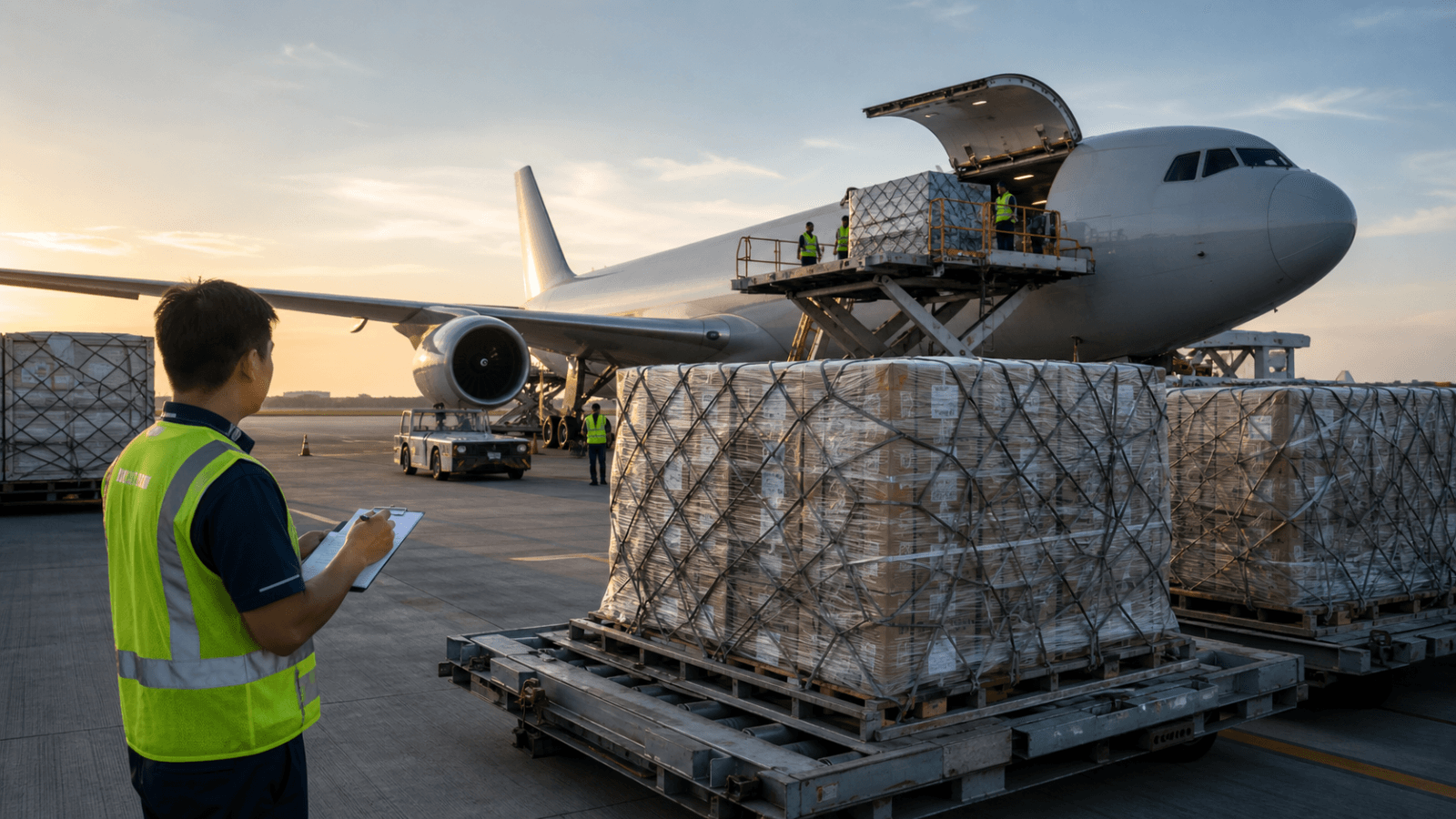 Air-freight pallets and electronics cargo being prepared beside a wide-body aircraft at a Vietnamese airport