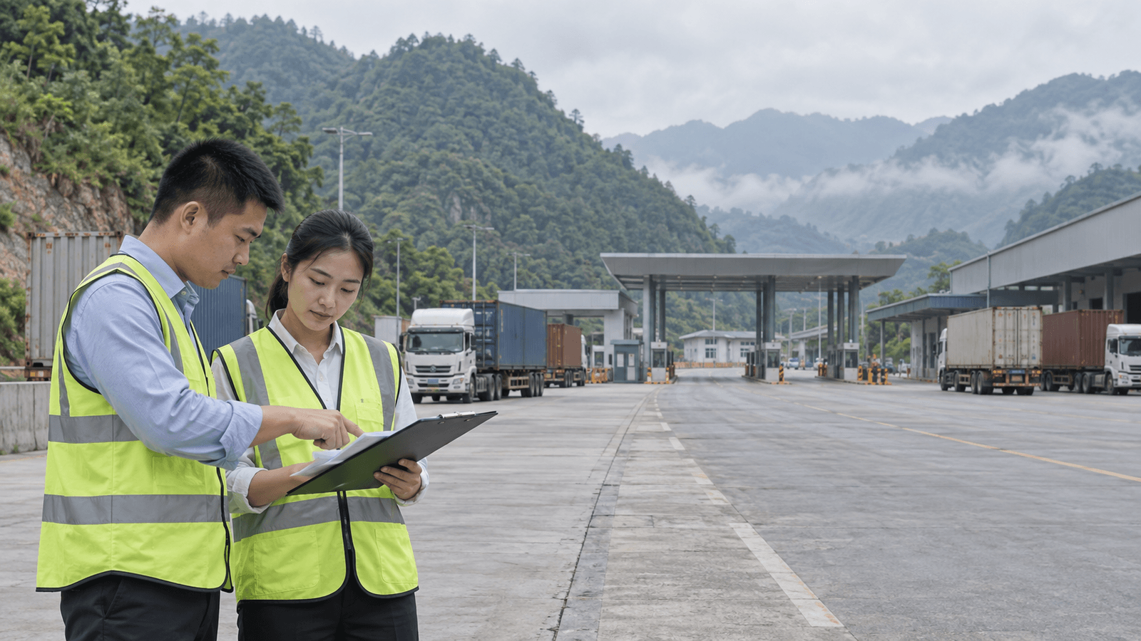 Un team logistico vietnamita esamina un piano di trasporto transfrontaliero presso un terminal merci moderno e senza marchi
