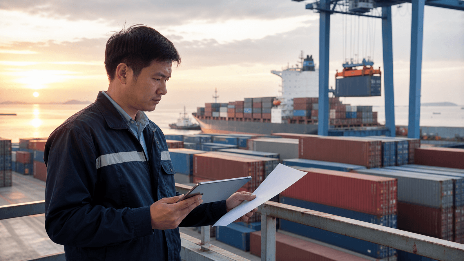Unbranded container being checked against a freight quotation at a tropical transshipment terminal