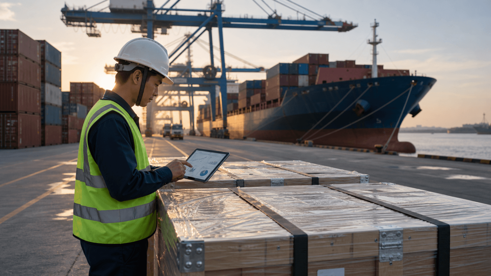 Freight planner reviewing electronics cargo beside containers and a vessel at a Vietnamese seaport