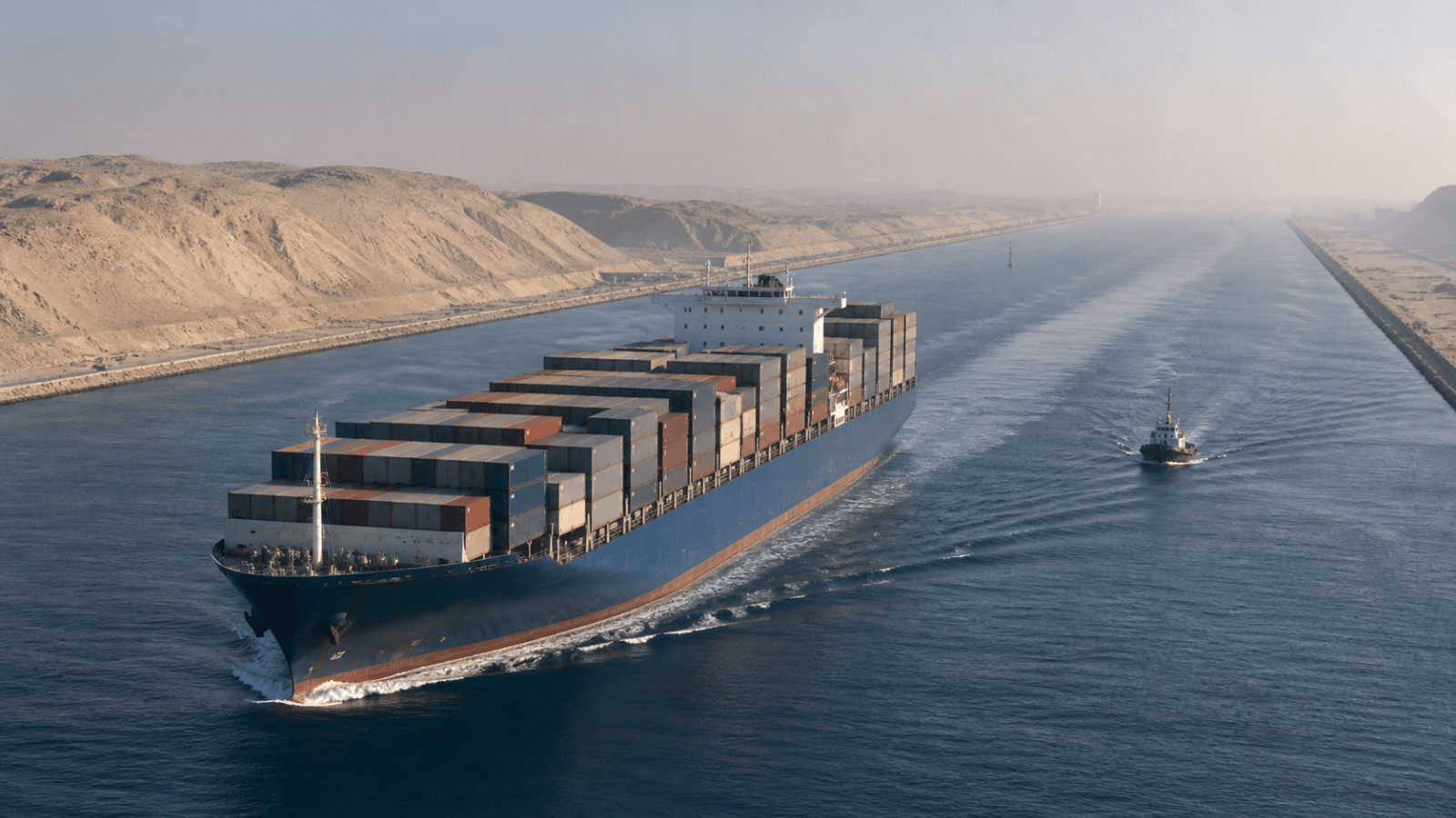 Container vessel and support tug navigating a narrow shipping corridor between desert banks in early morning light