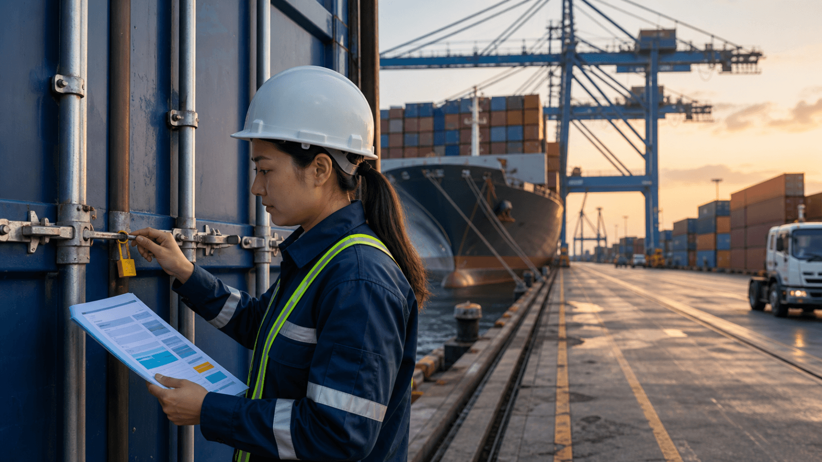 Kiểm tra container xuất khẩu Việt Nam cùng hồ sơ xuất xứ và tàu chở hàng đi Hoa Kỳ ở phía sau