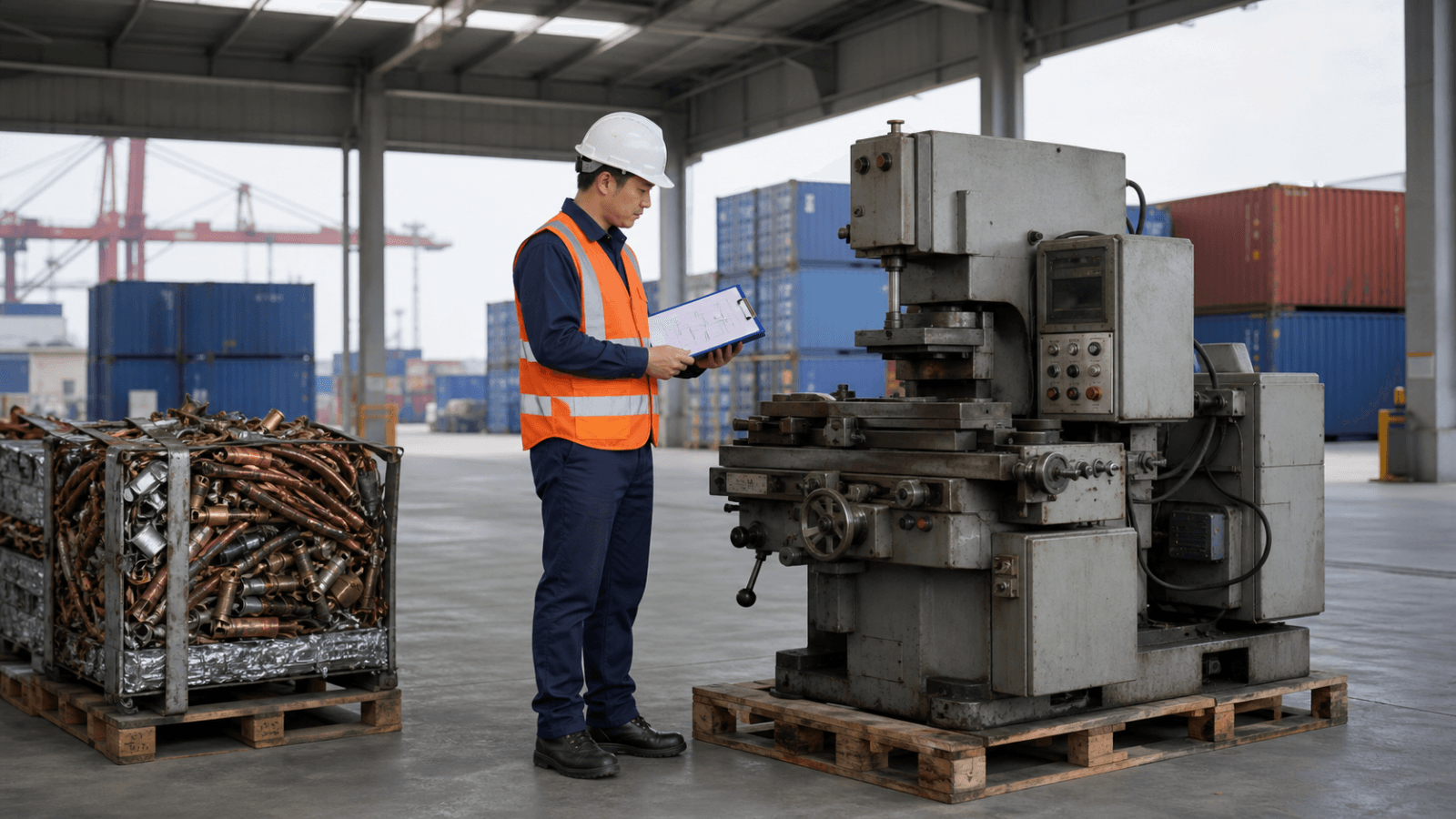 Freight specialist inspecting a used industrial machine and recyclable metal cargo at a Vietnamese transshipment warehouse