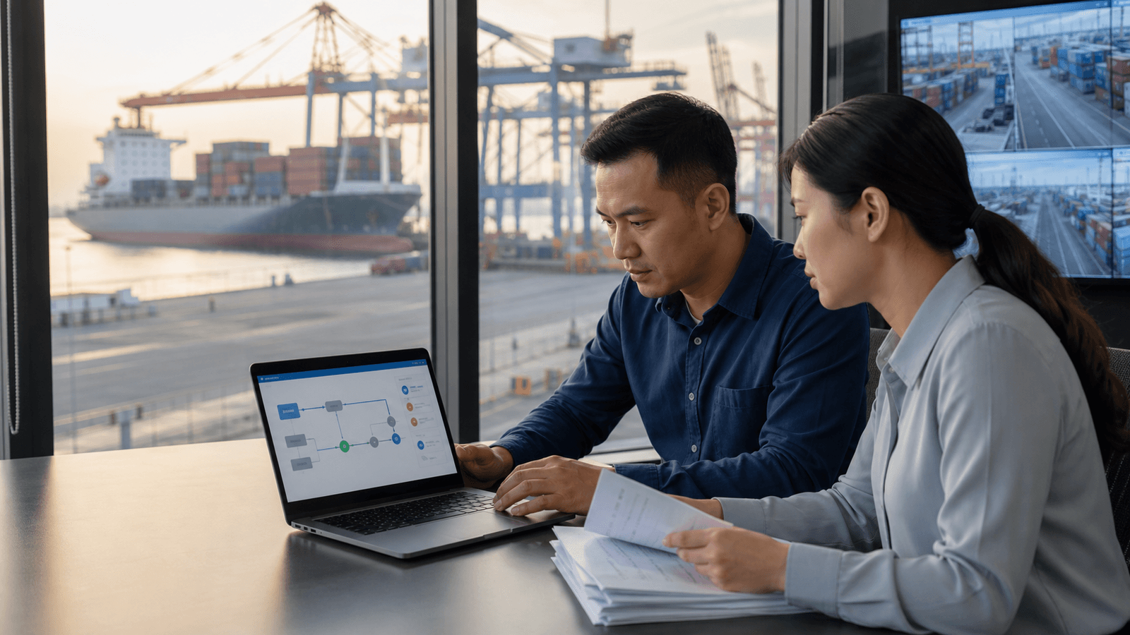 Team commerciale vietnamita che verifica un flusso elettronico di sportello unico accanto a un terminal container generico