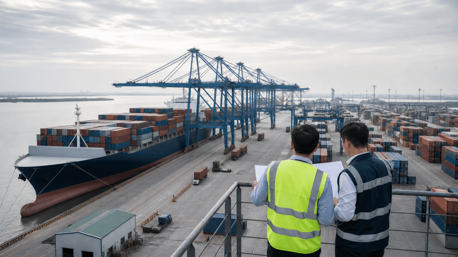 Two logistics planners overlooking a generic container vessel and terminal at a northern Vietnam gateway