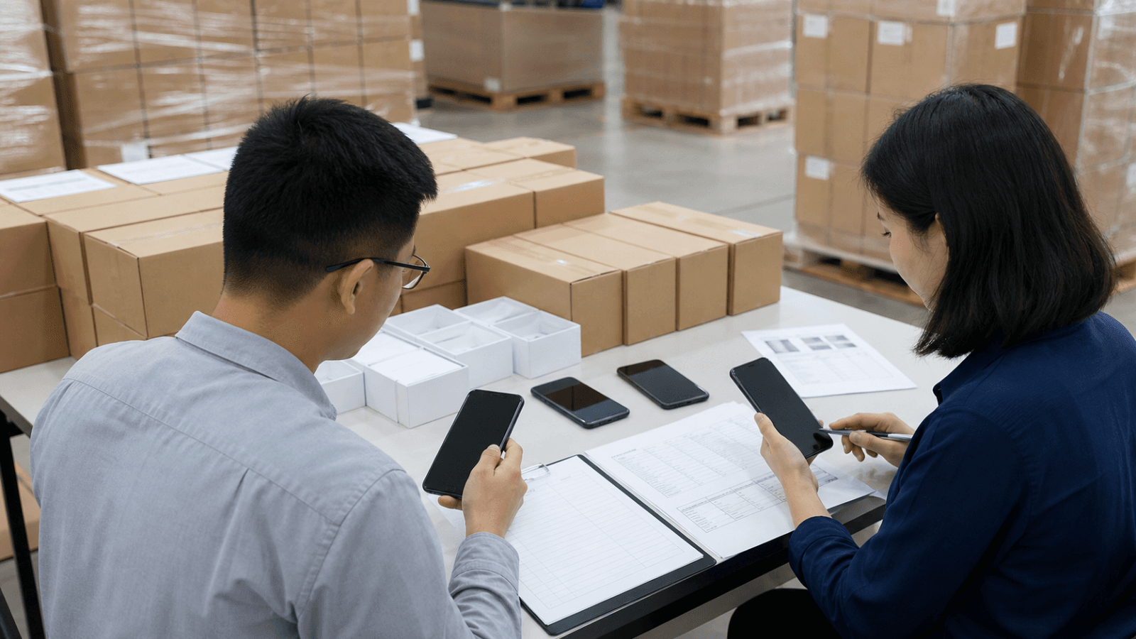Unbranded smartphones and compliance papers being reviewed beside sealed export cartons in a logistics warehouse