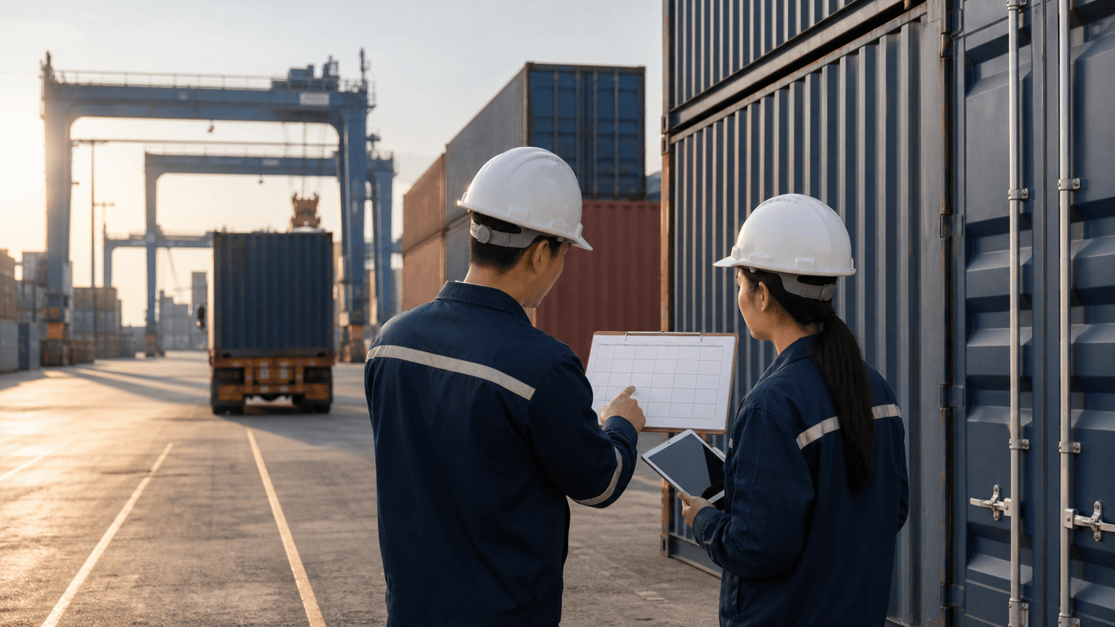 Logistics coordinators checking a shipment calendar beside sealed containers at a generic Vietnamese terminal