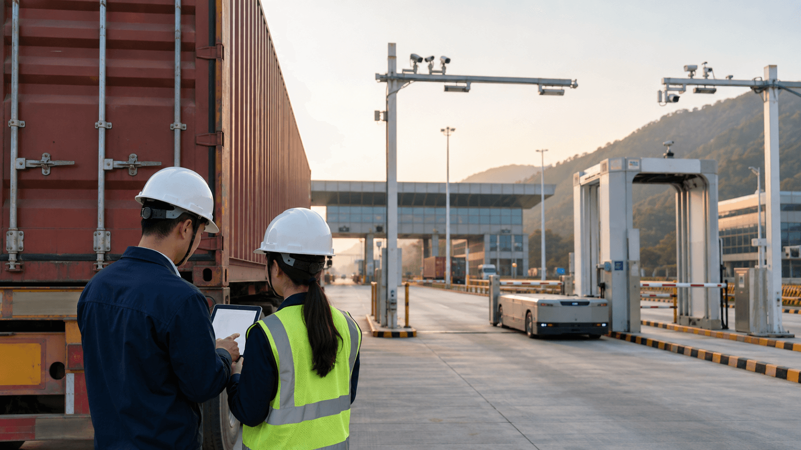 Logistics professionals reviewing cargo data beside an automated smart-border container lane