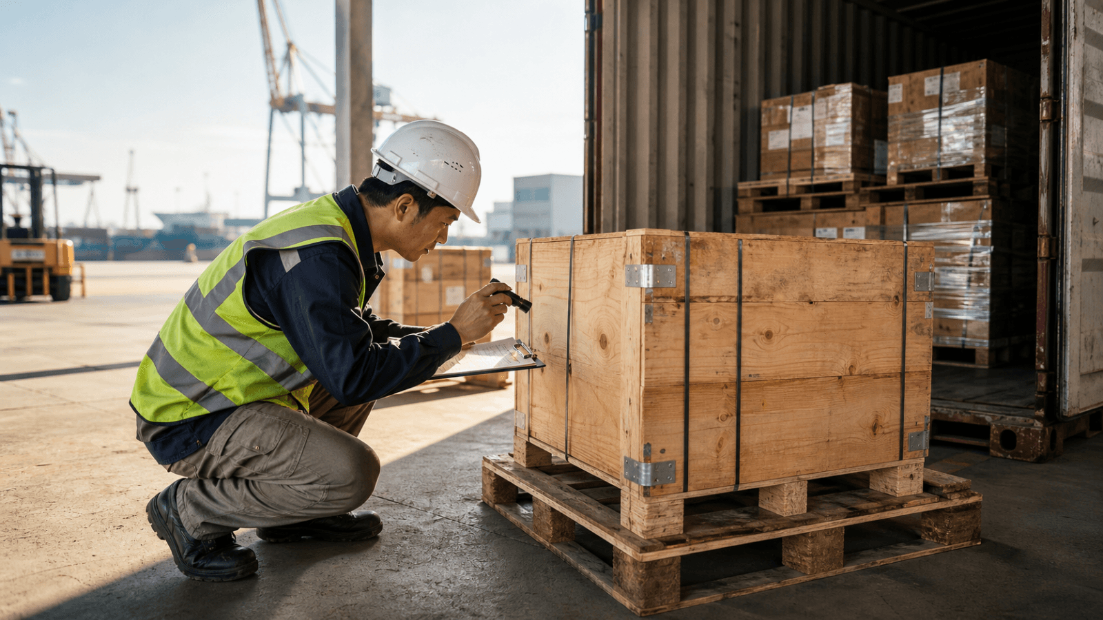 Vietnam export team inspecting the treatment mark on a wooden pallet before loading cargo for Taiwan