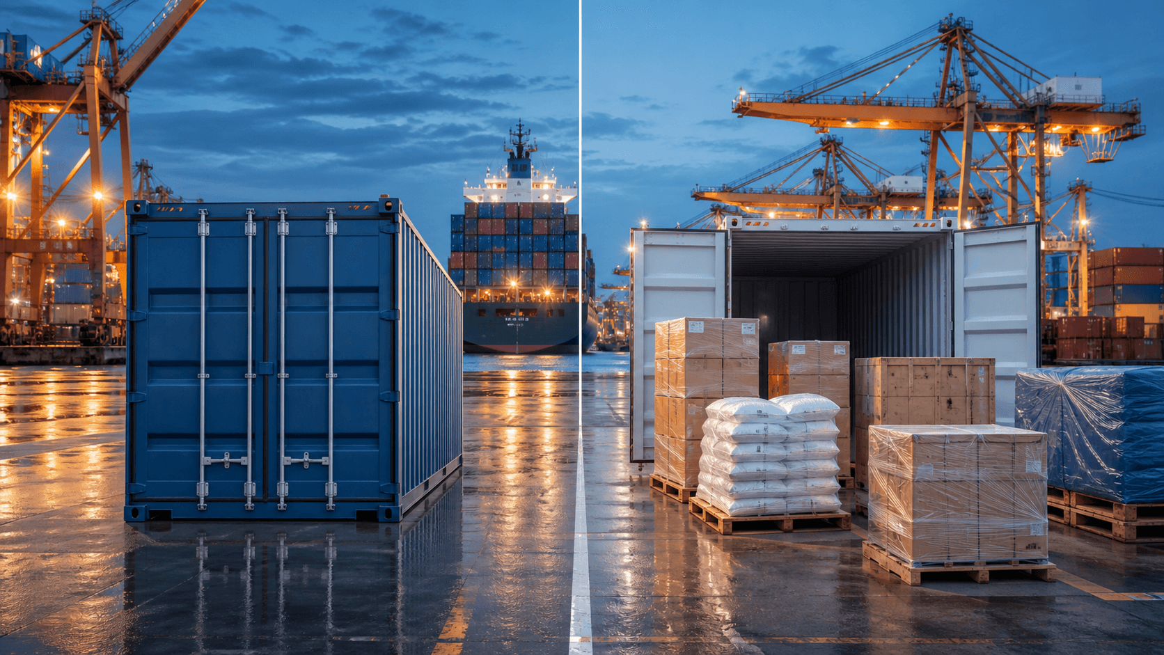 A sealed FCL container beside consolidated LCL pallets at a Vietnamese container terminal