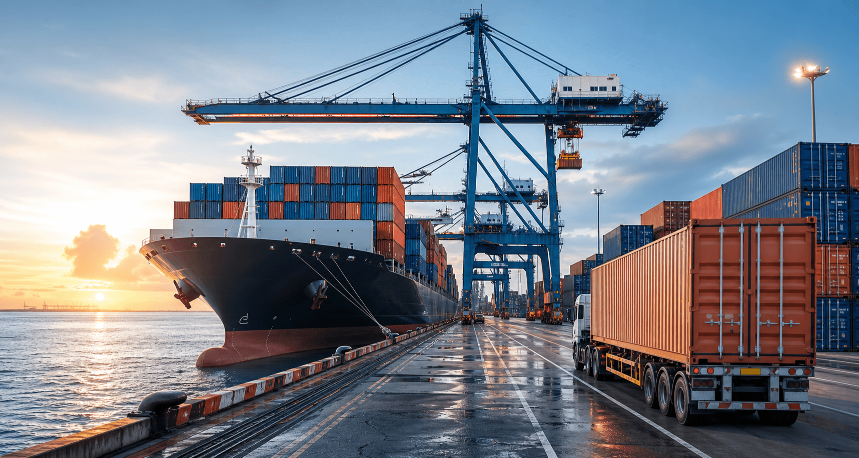 Ocean freight containers and cargo ship at a modern port