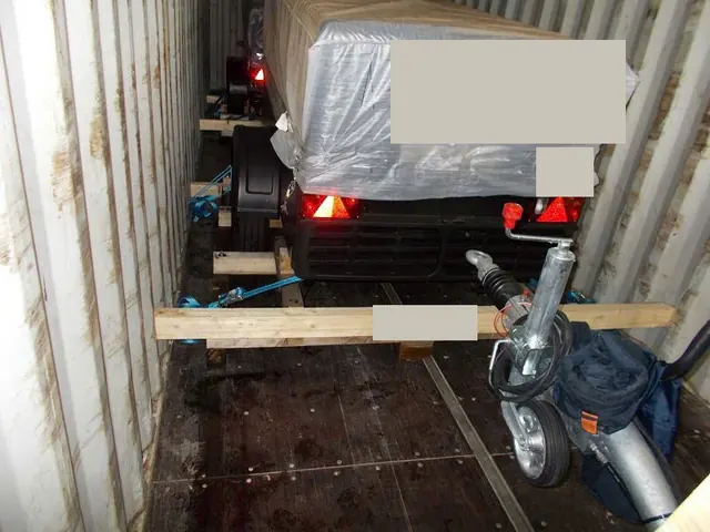 Wrapped cargo secured with timber and straps inside a container; labels concealed